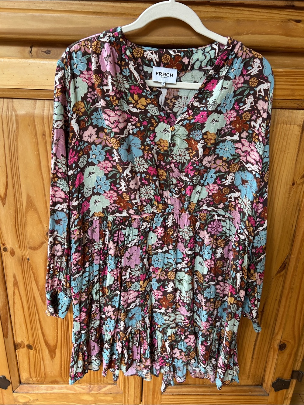 FRNCH Paris Boho Floral Crinkle Pleated Tunic Dress V-Neck Button Up Cottagecore